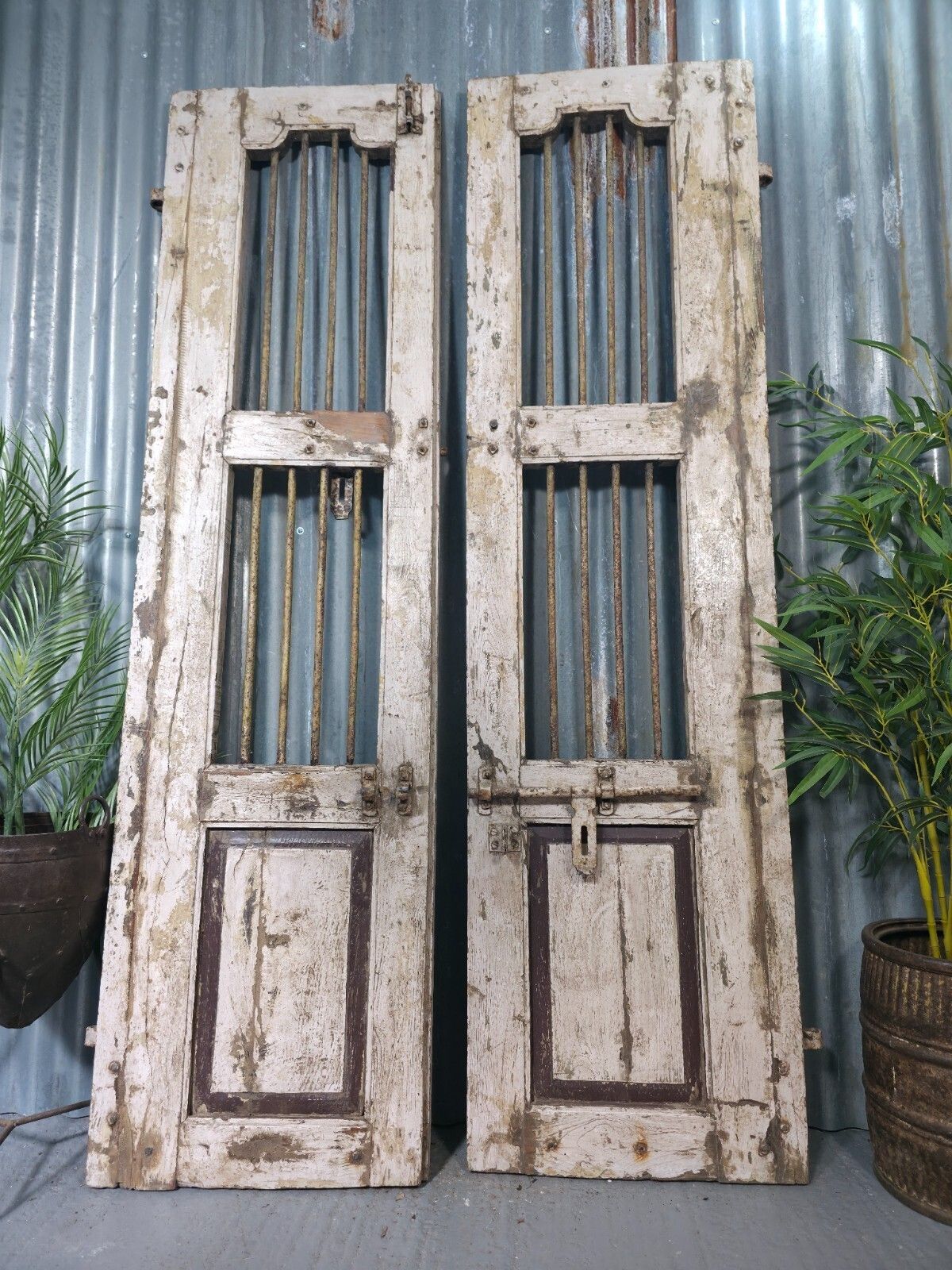 Pair Vintage Rustic Indian Wooden Iron Doors Garden Gates Room Divider Screen photo buy