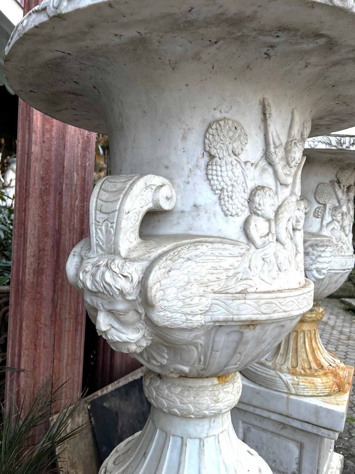 Pair Of White Marble Bowl Vases With Base, Italy photo buy