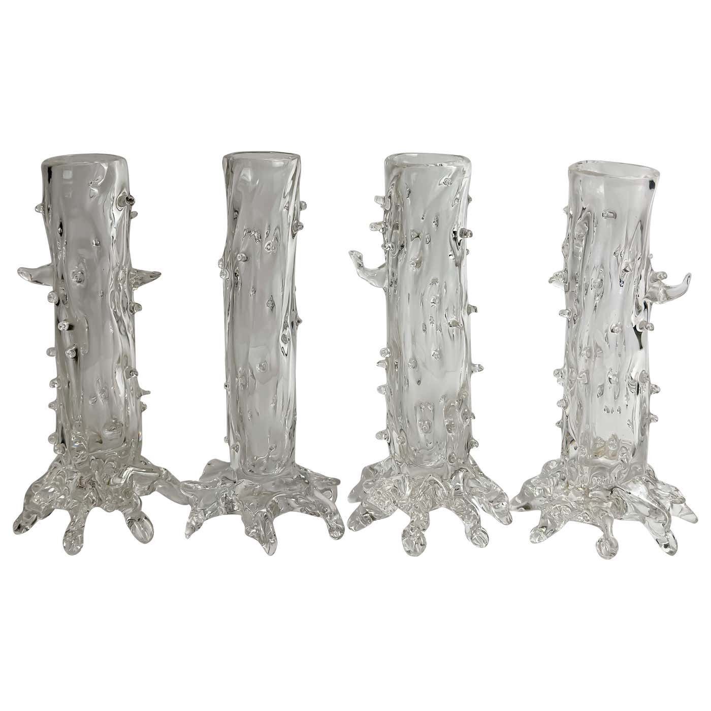 Set Of Four Victorian Hand Blown Clear Crystal Thorn Vases, Czech, 1890s