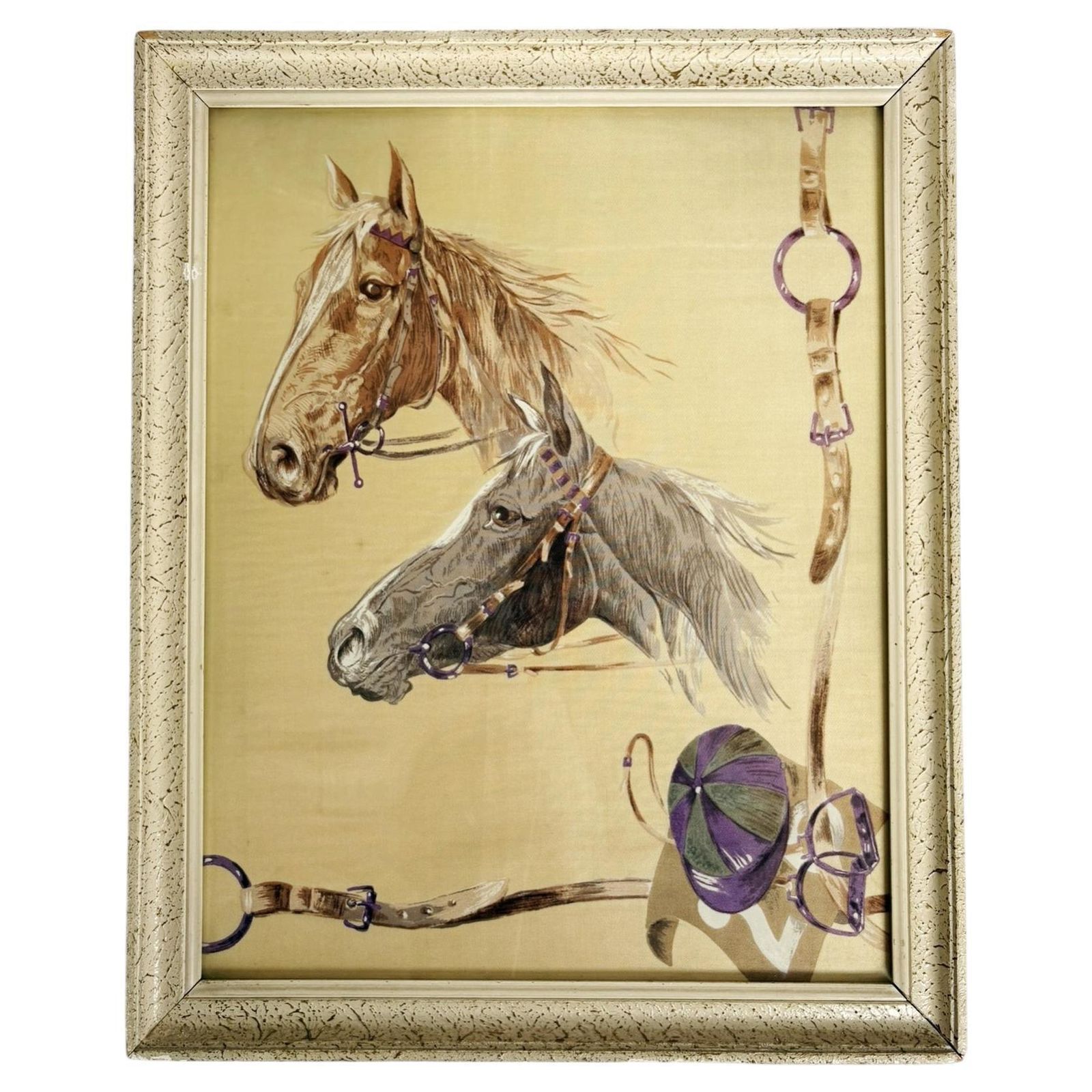 Painting Of Horses, Silk Technique, France, 1970
