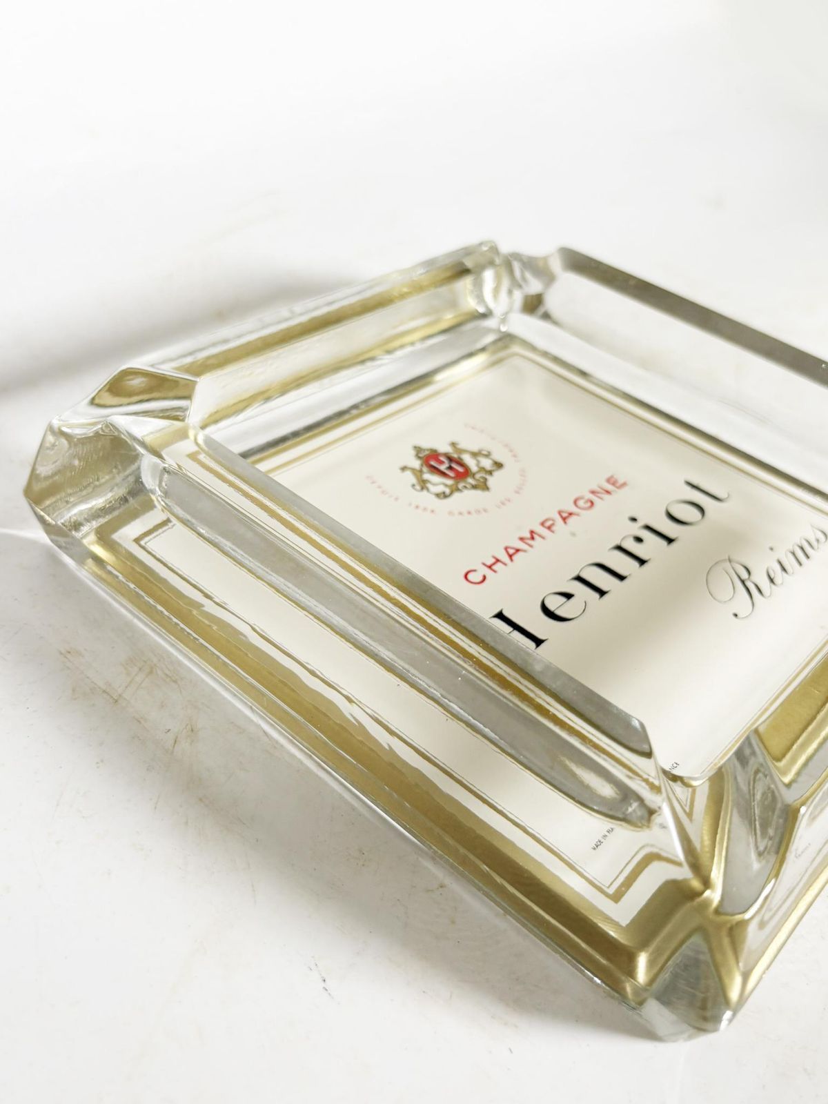 Henriot Champagne Ashtray, Thick Glass, Square Design, France, 1960s photo vintage