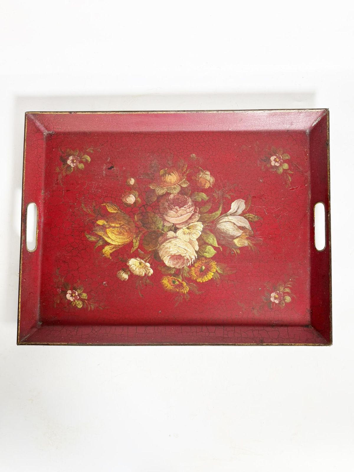 Red Iron Tray With Floral Motif, France, 1940 photo for sale