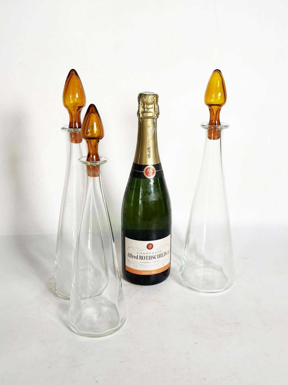 Set Of 3 Art Glass Bottles With Orange Brown Stoppers, France, 1970 photo for sale