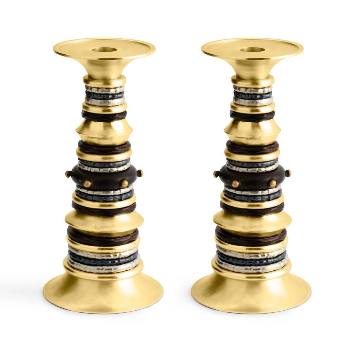 Pair Of Modern Brass And Patinated Metal Candleholders photo for sale