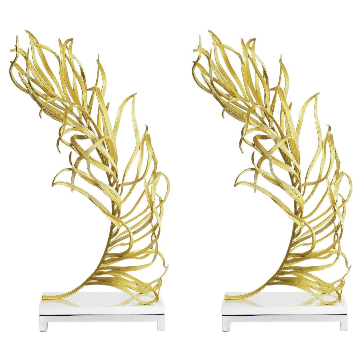 Pair Of Modern Sculptural Gold Metal Palm Sculpture Decorative Artwork