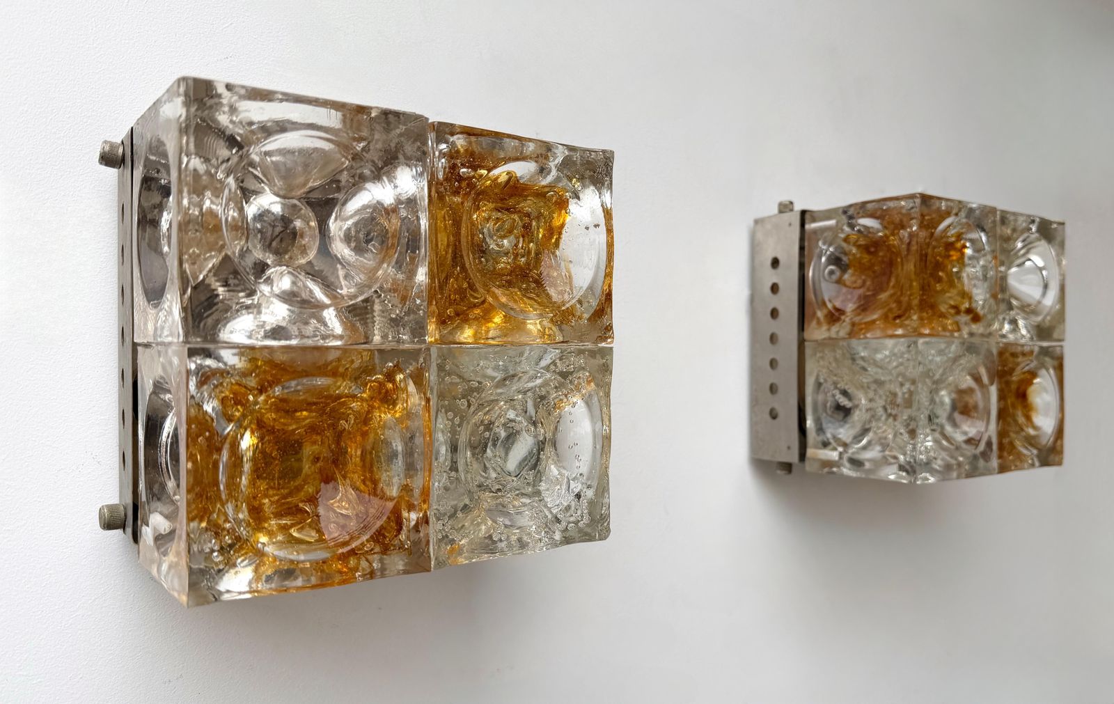 photo for sale Pair Of Glass Cube Square Metal Sconces By Poliarte, Italy, 1970s