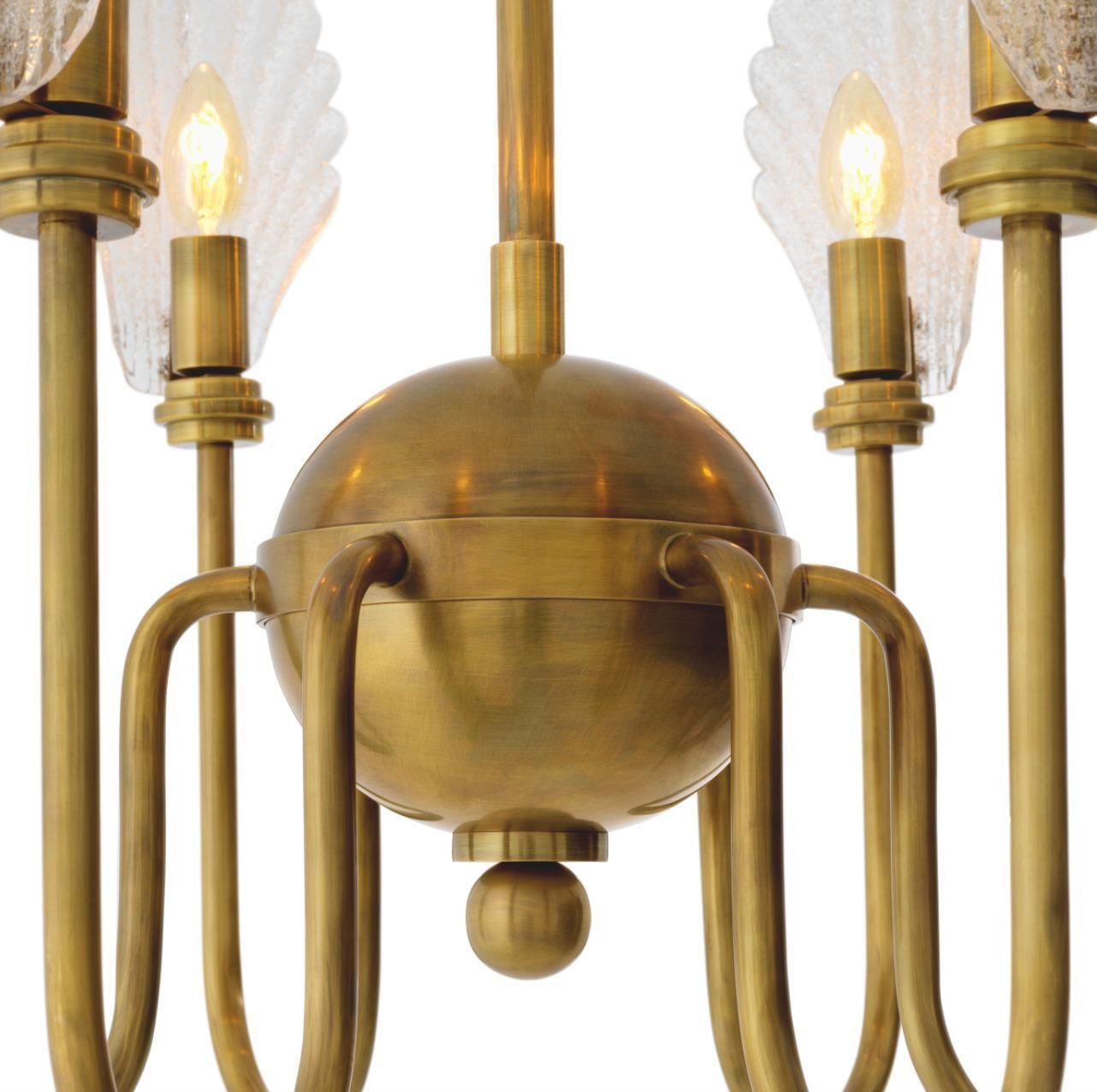 photo furniture Chandelier In Brass And Handmade Textured Glass, Neoclassical Style