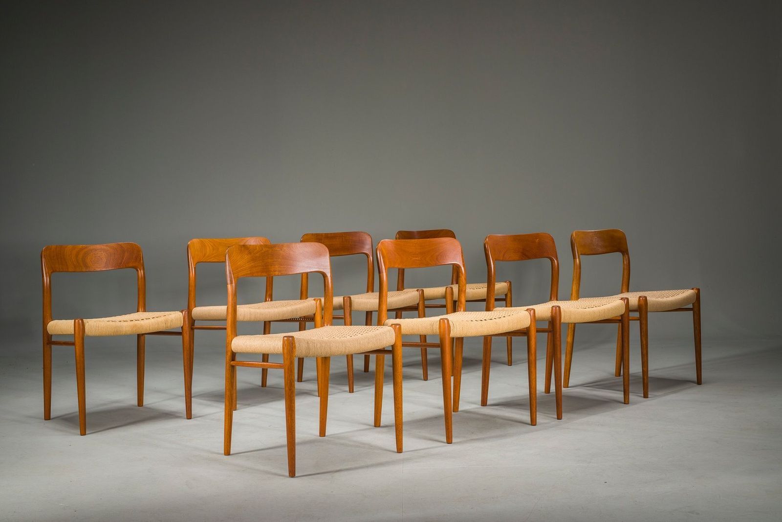 photo for sale Danish Teak Model 75 Dining Chairs By Niels Møller, 1960s, Set Of 8