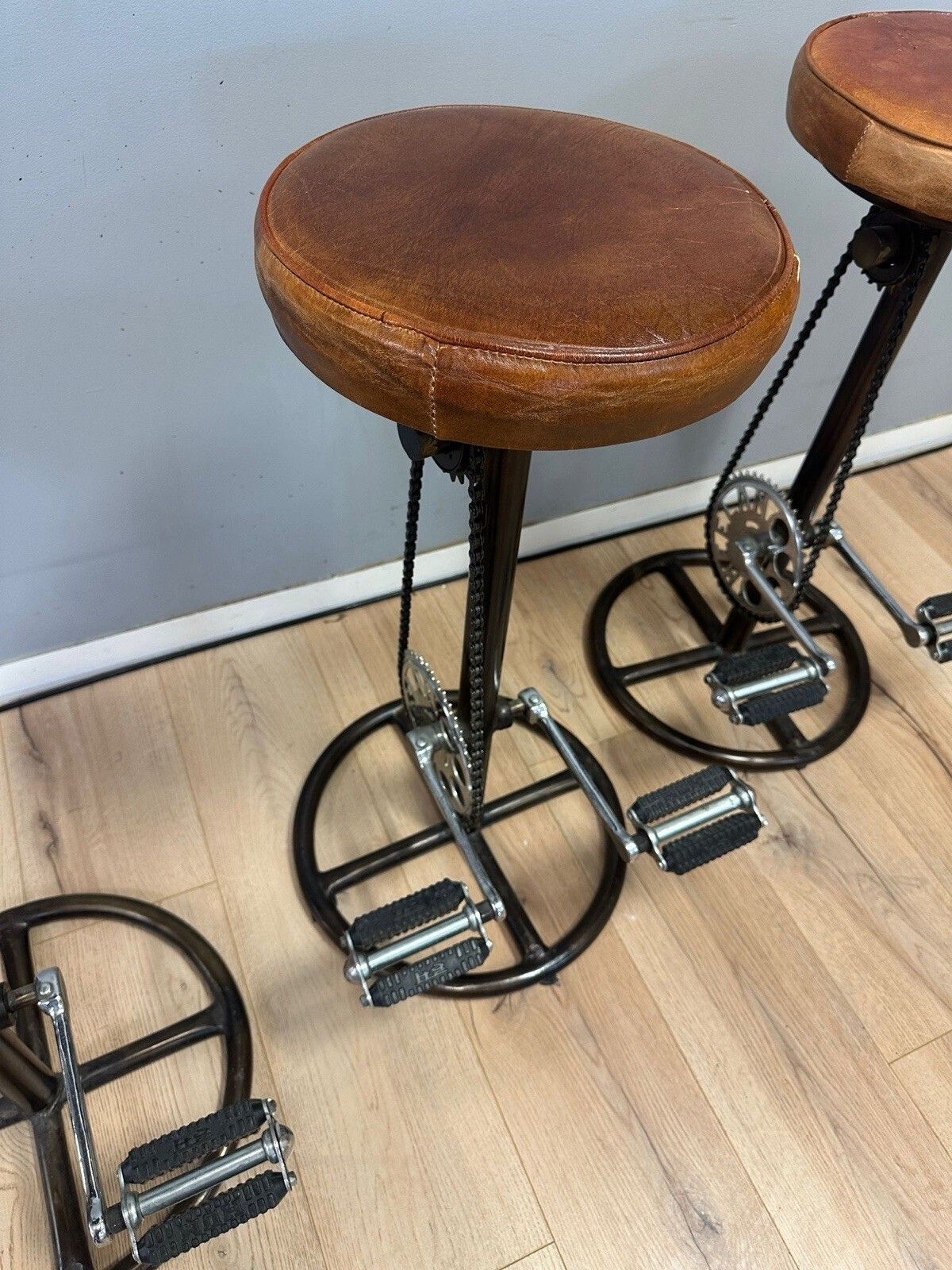 Industrial Distressed Tan Leather Bicycle Bar Stool Set Of 3 Pedal Style Vintage photo Furniture