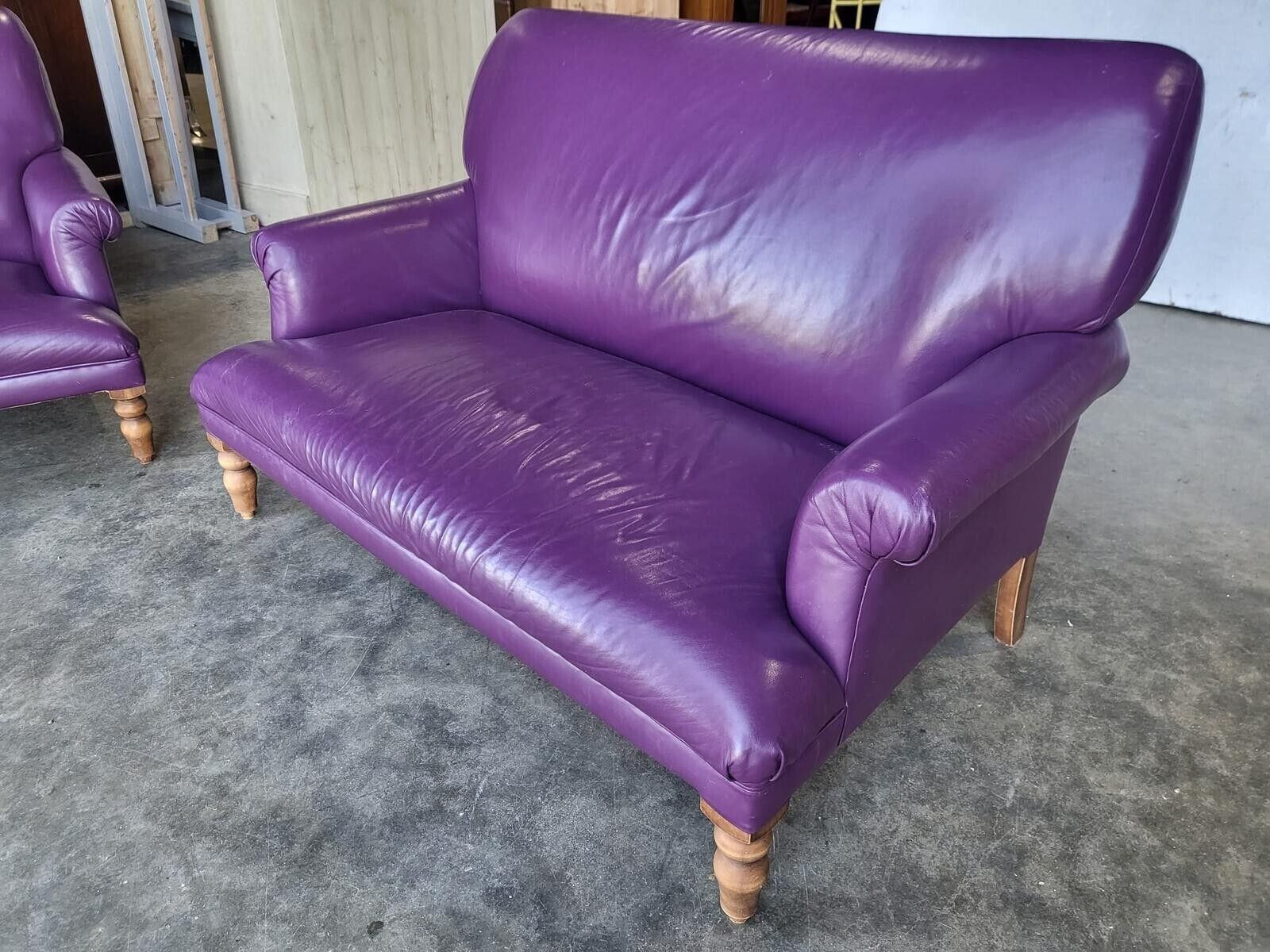 Furniture Antique Repro Leather 2 Seat Sofa 2 X Armchairs Wood Legs photo