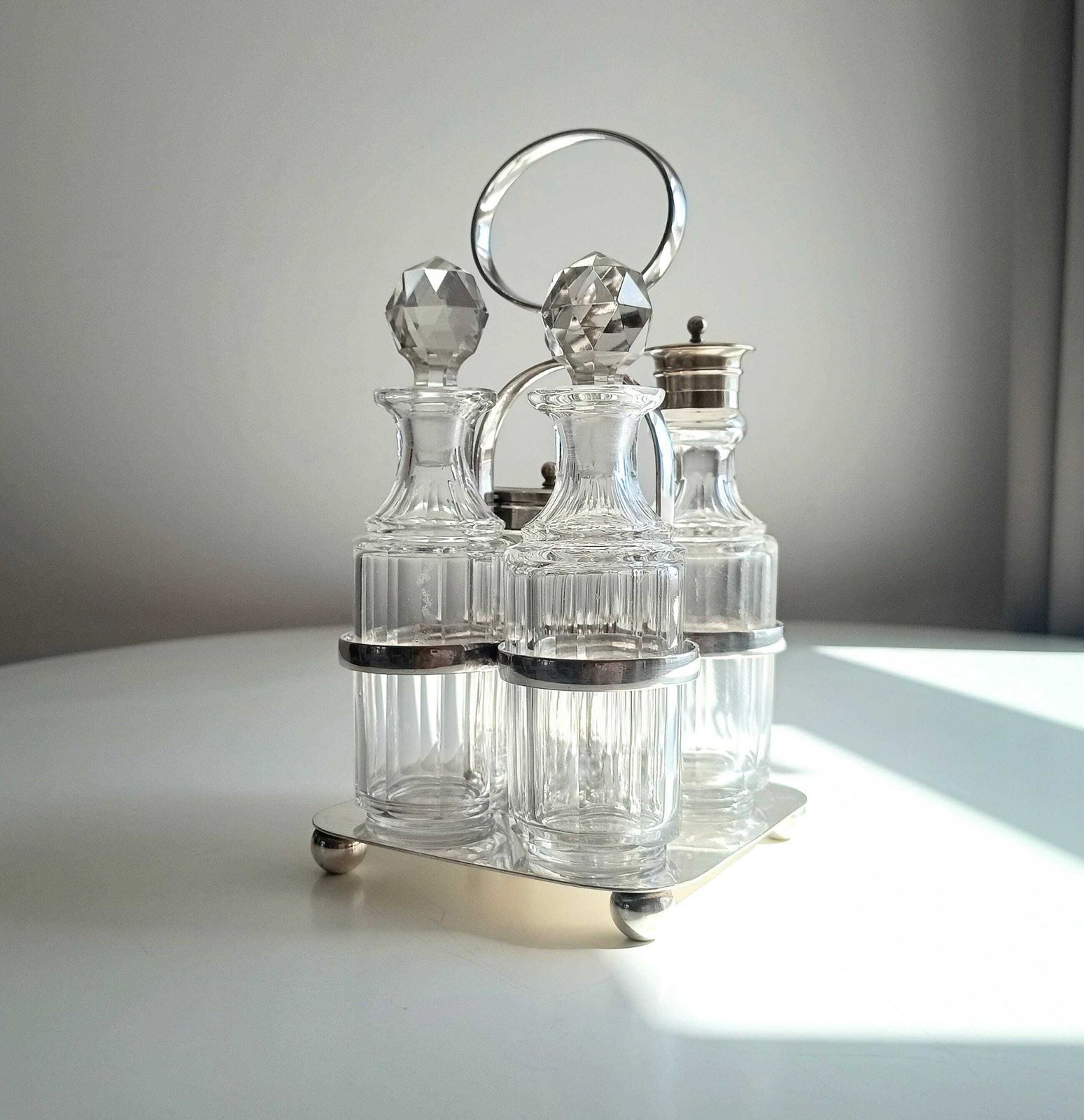 Georgian Style Silver Plate Cruet Stand & 4 Cut Glass Condiment Bottles, England photo for sale