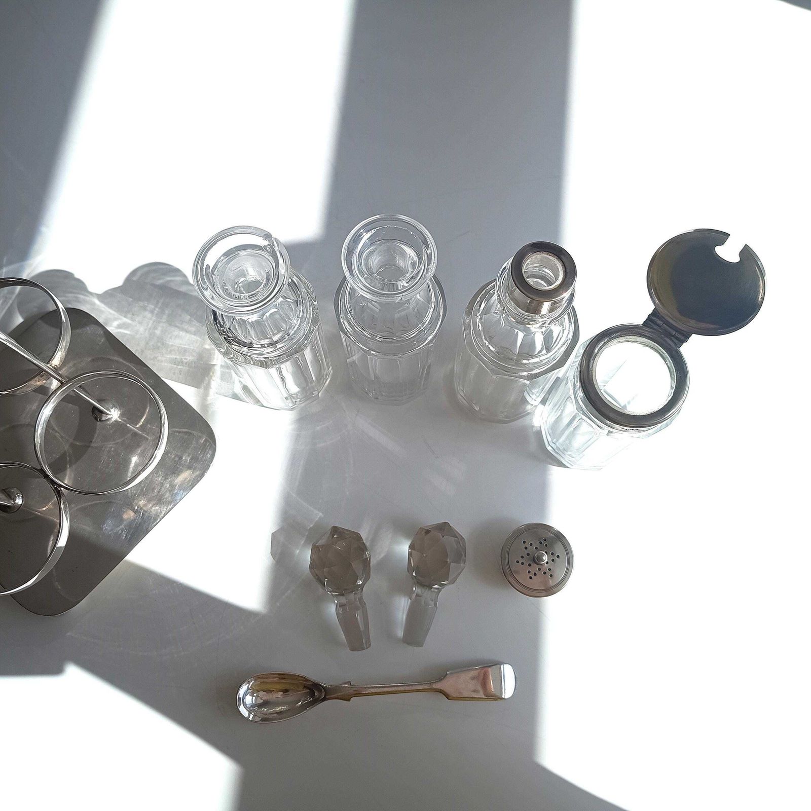 photo buy Georgian Style Silver Plate Cruet Stand & 4 Cut Glass Condiment Bottles, England