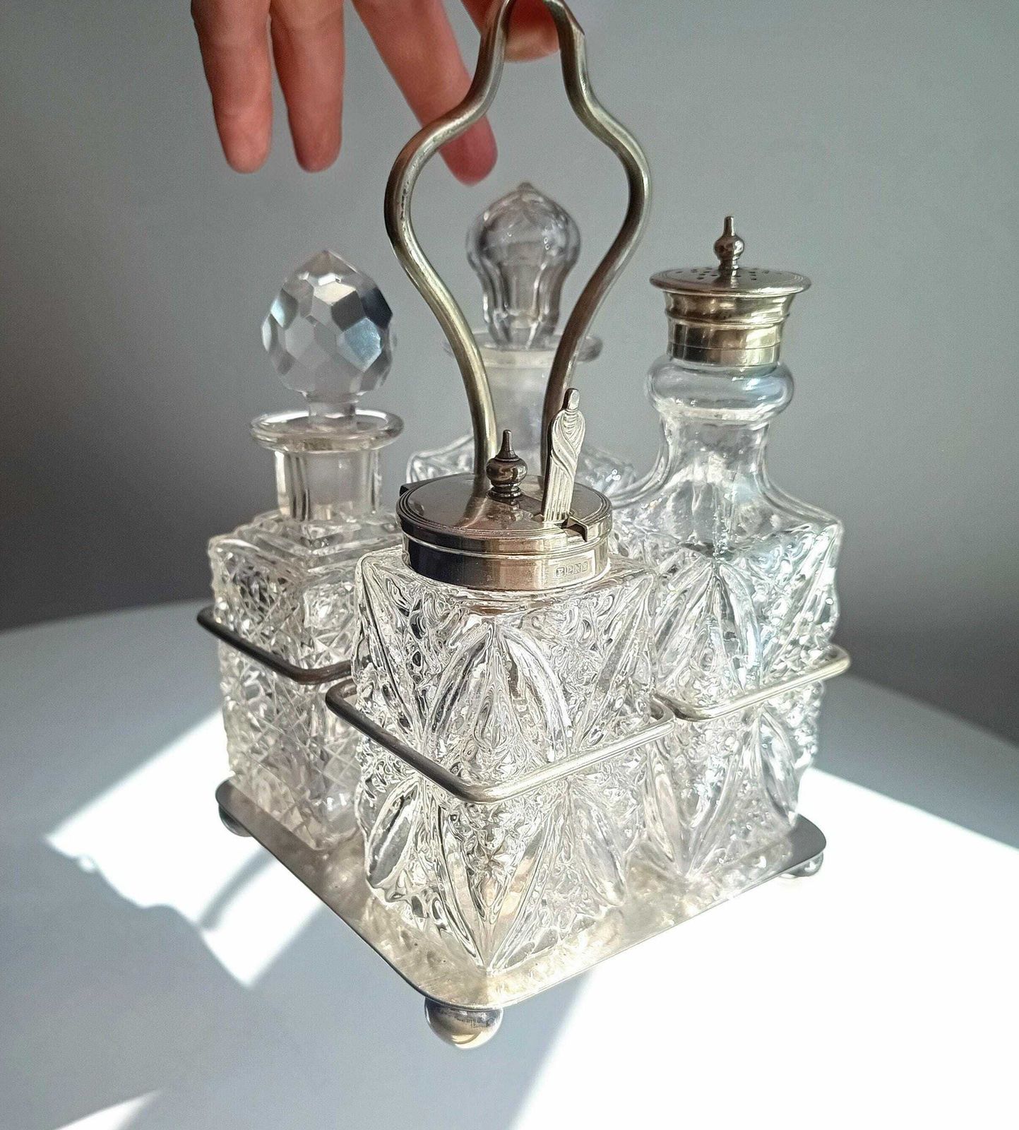Antique Silver Plate Cruet Stand & 4 Cut Glass Condiment Bottles, England, Circa 1915 photo furniture