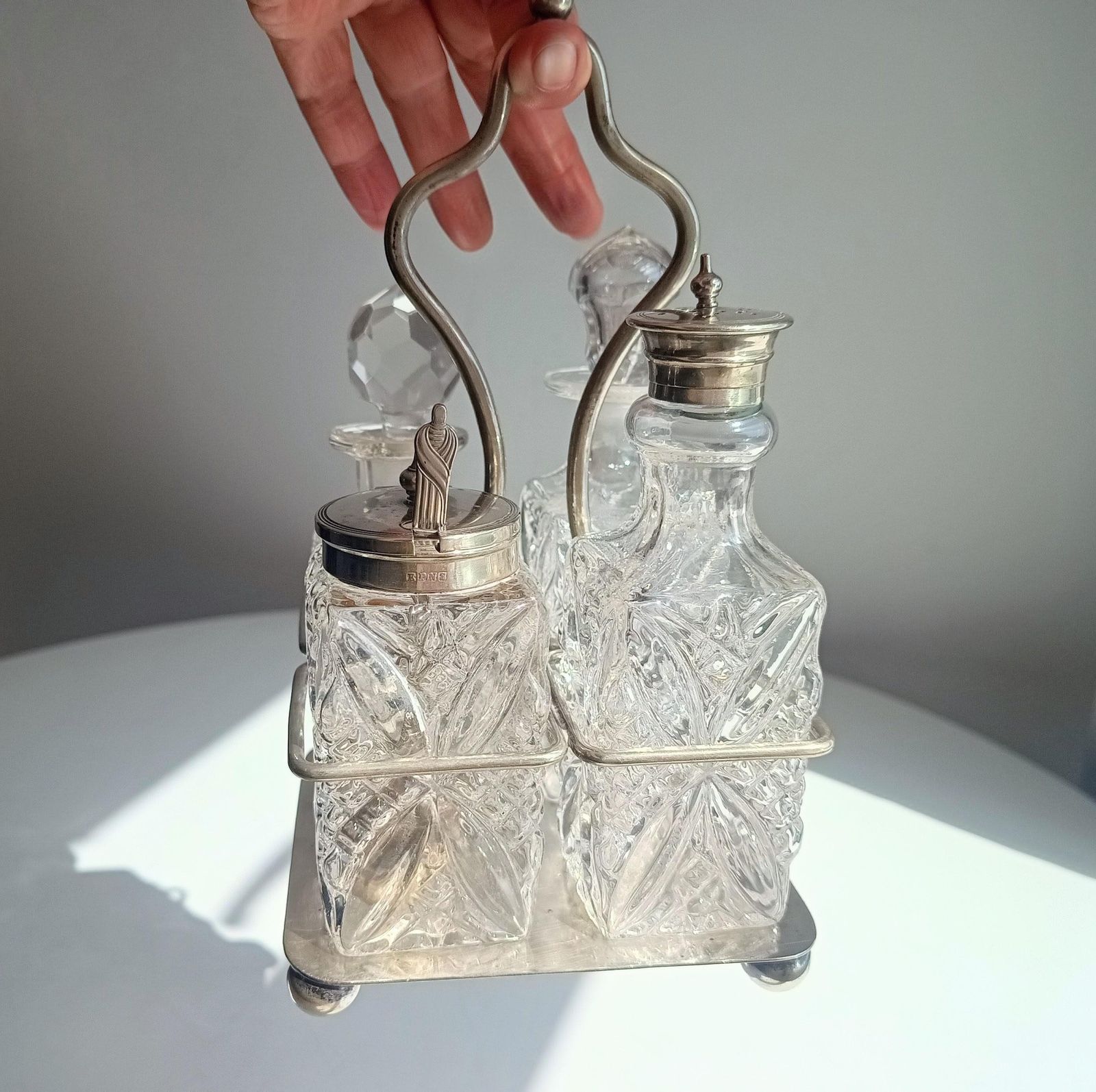 Antique Silver Plate Cruet Stand & 4 Cut Glass Condiment Bottles, England, Circa 1915 photo for sale