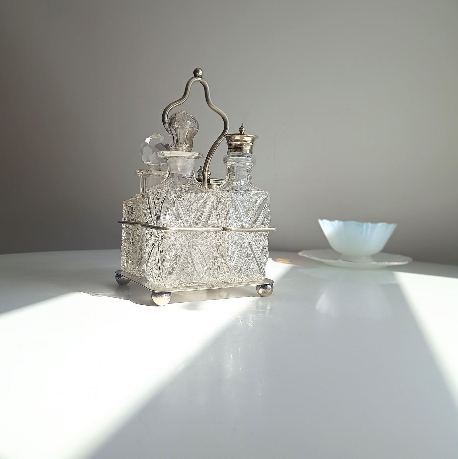 photo for sale Antique Silver Plate Cruet Stand & 4 Cut Glass Condiment Bottles, England, Circa 1915