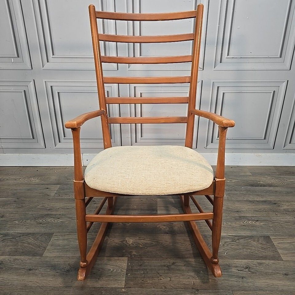 Vintage Rocking Chair – Ladder Back Beech Frame – Mid Century   Retro Armchair photo vinterior