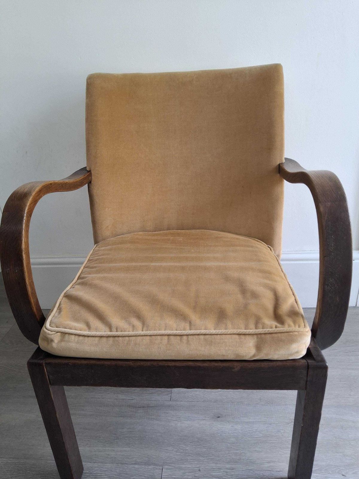 photo furniture Vintage Parker Knoll Armchair: Mid Century Modern Upholstered Oak Carver Chair