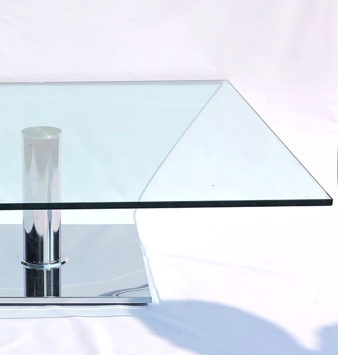 Contemporary Square Glass Coffee Table With Polished Chrome Pedestal –  Modern Design 90cm photo for sale