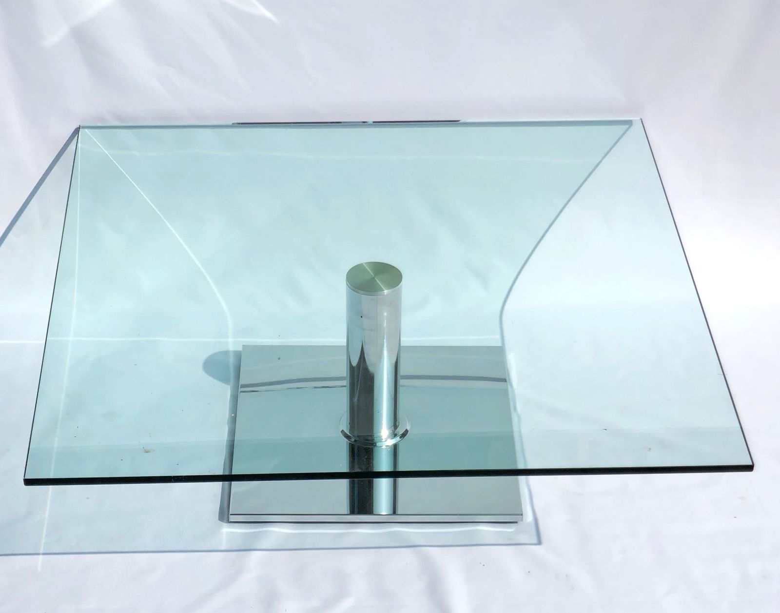 photo furniture Contemporary Square Glass Coffee Table With Polished Chrome Pedestal –  Modern Design 90cm