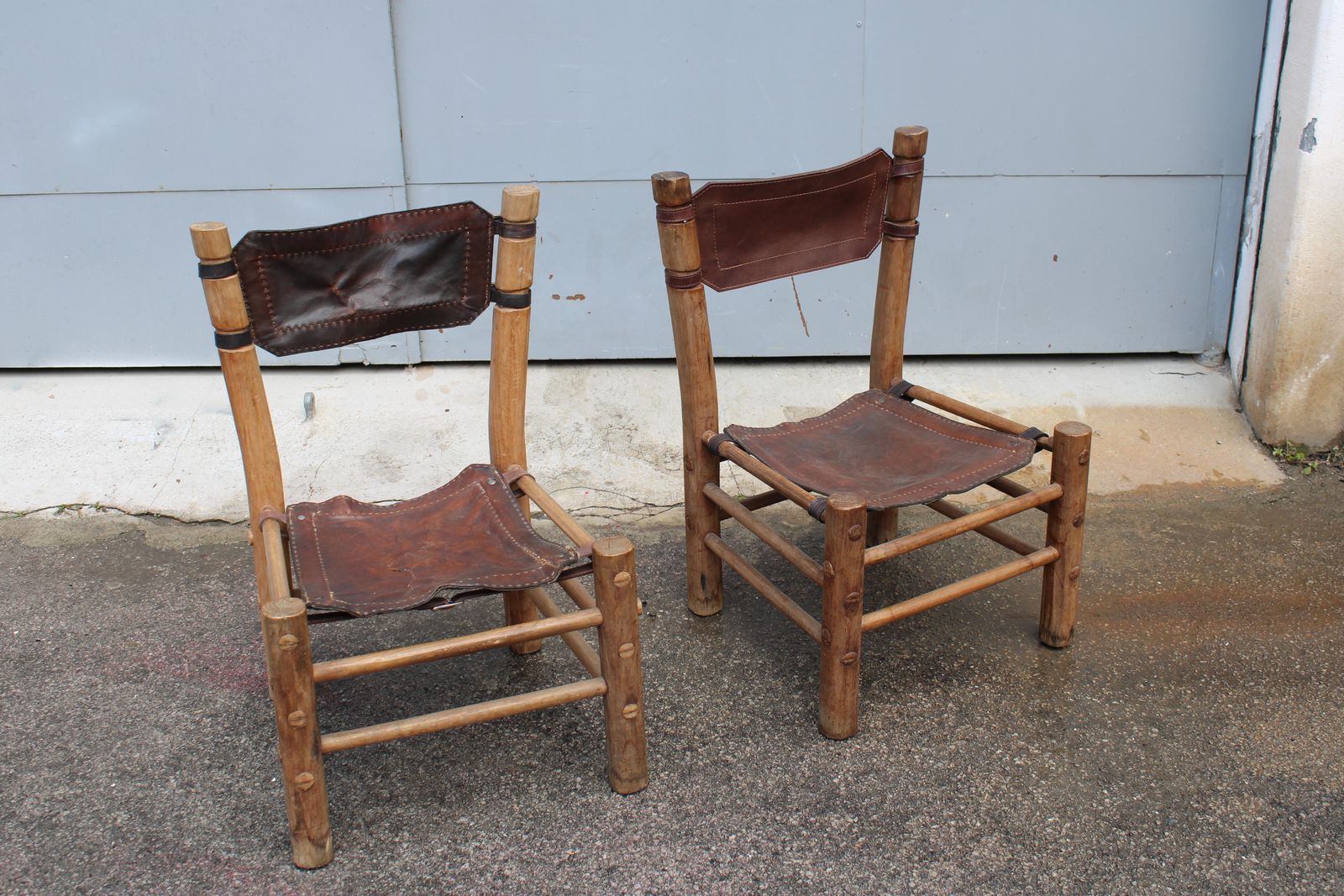 Pair Of Wooden And Leather Chairs Safary Italy 1960 photo furniture