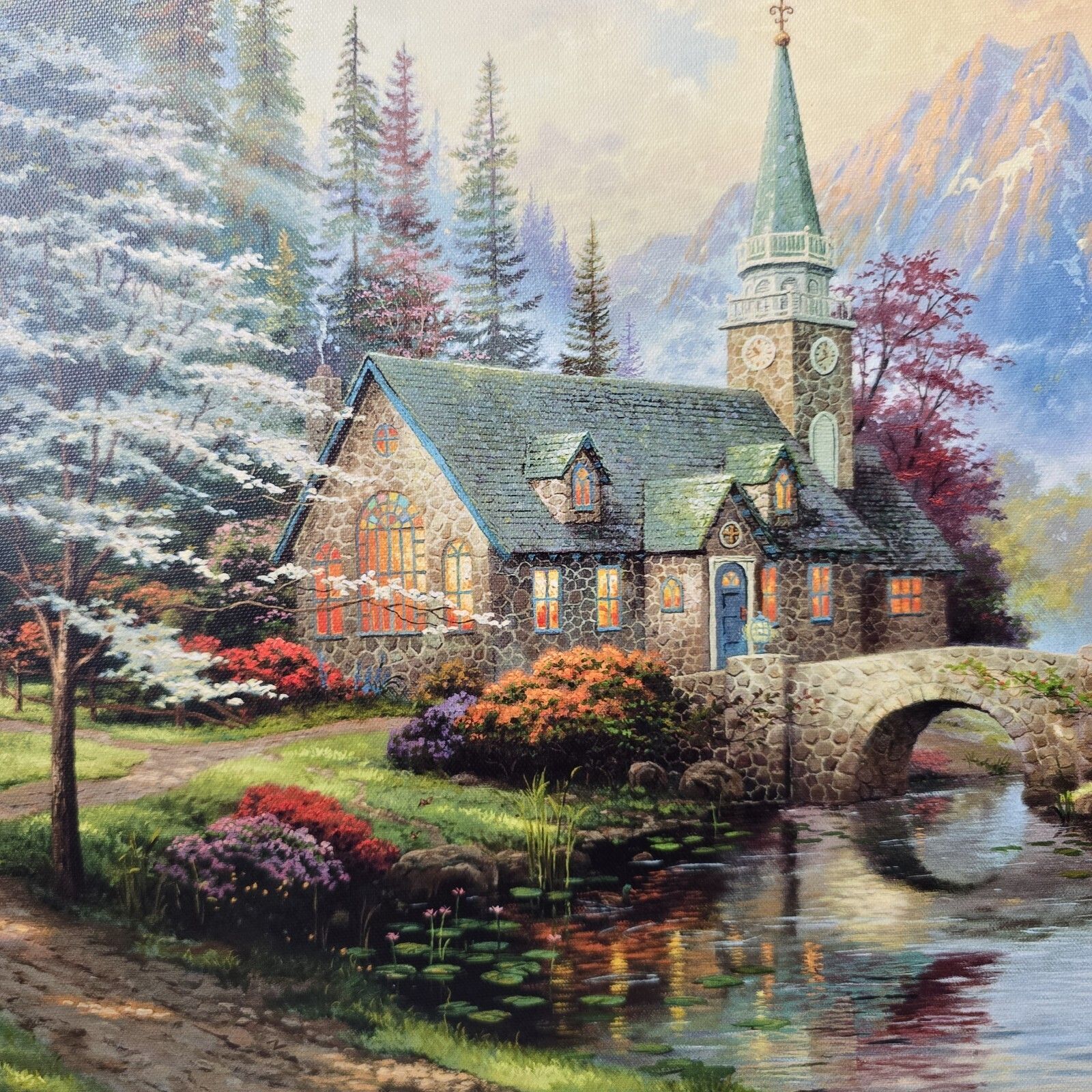 Thomas Kinkade Limited Edition Dogwood Chapel Illuminating Canvas Print Rare photo furniture