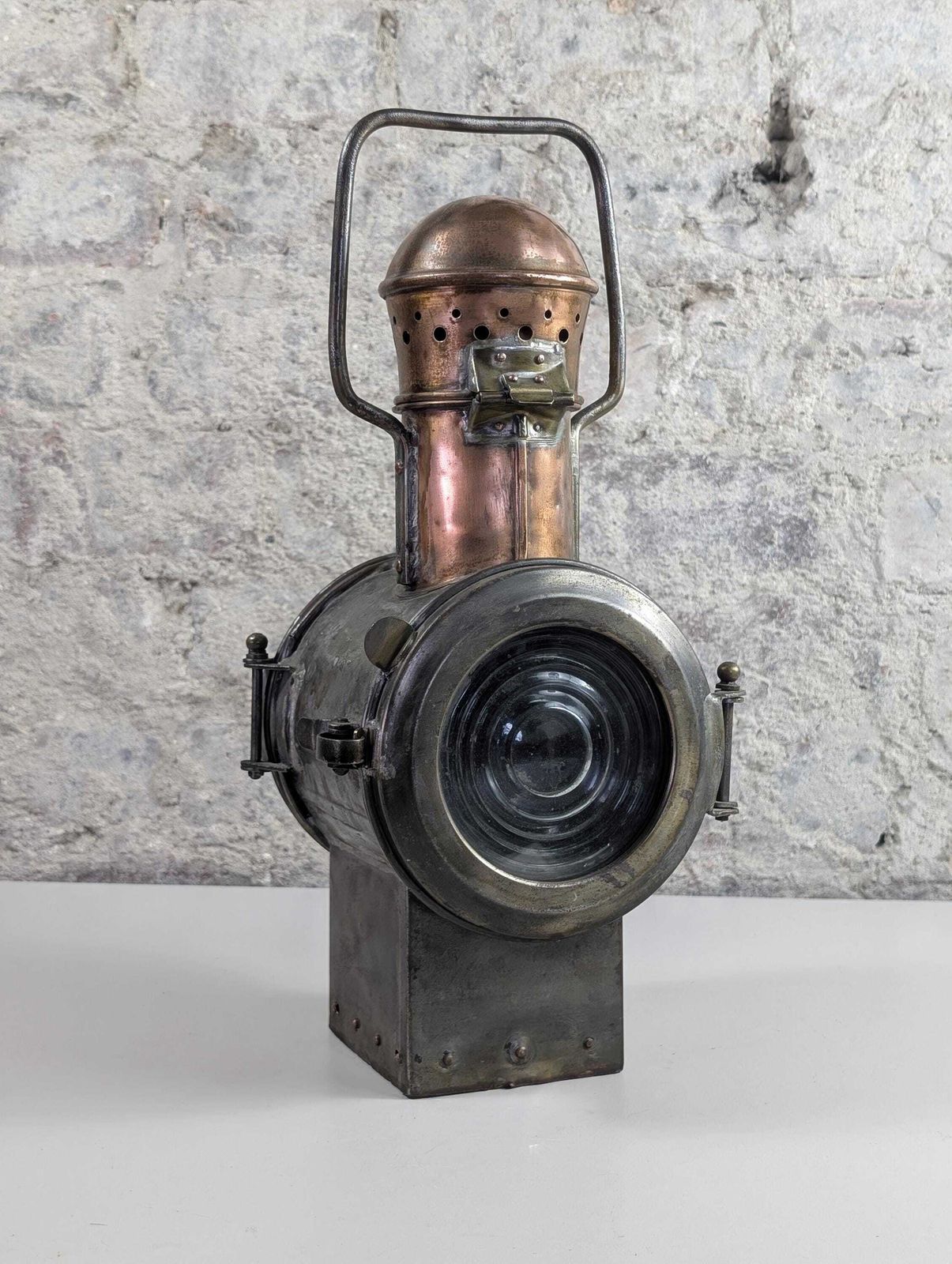 Rare 1930s Sncf Railway Signal Lamp – Early French Train Lantern – Copper & Steel Industrial Light – Original Working Antique photo for sale