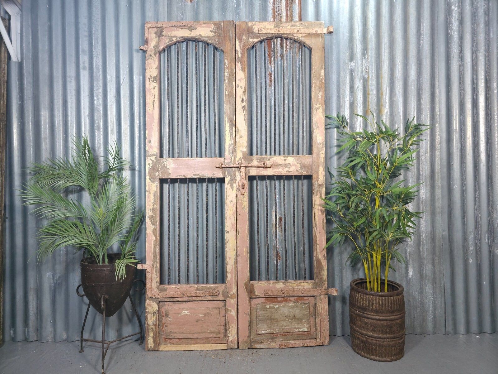 Pair Vintage Rustic Indian Wooden Iron Doors Garden Gates Room Divider Screen