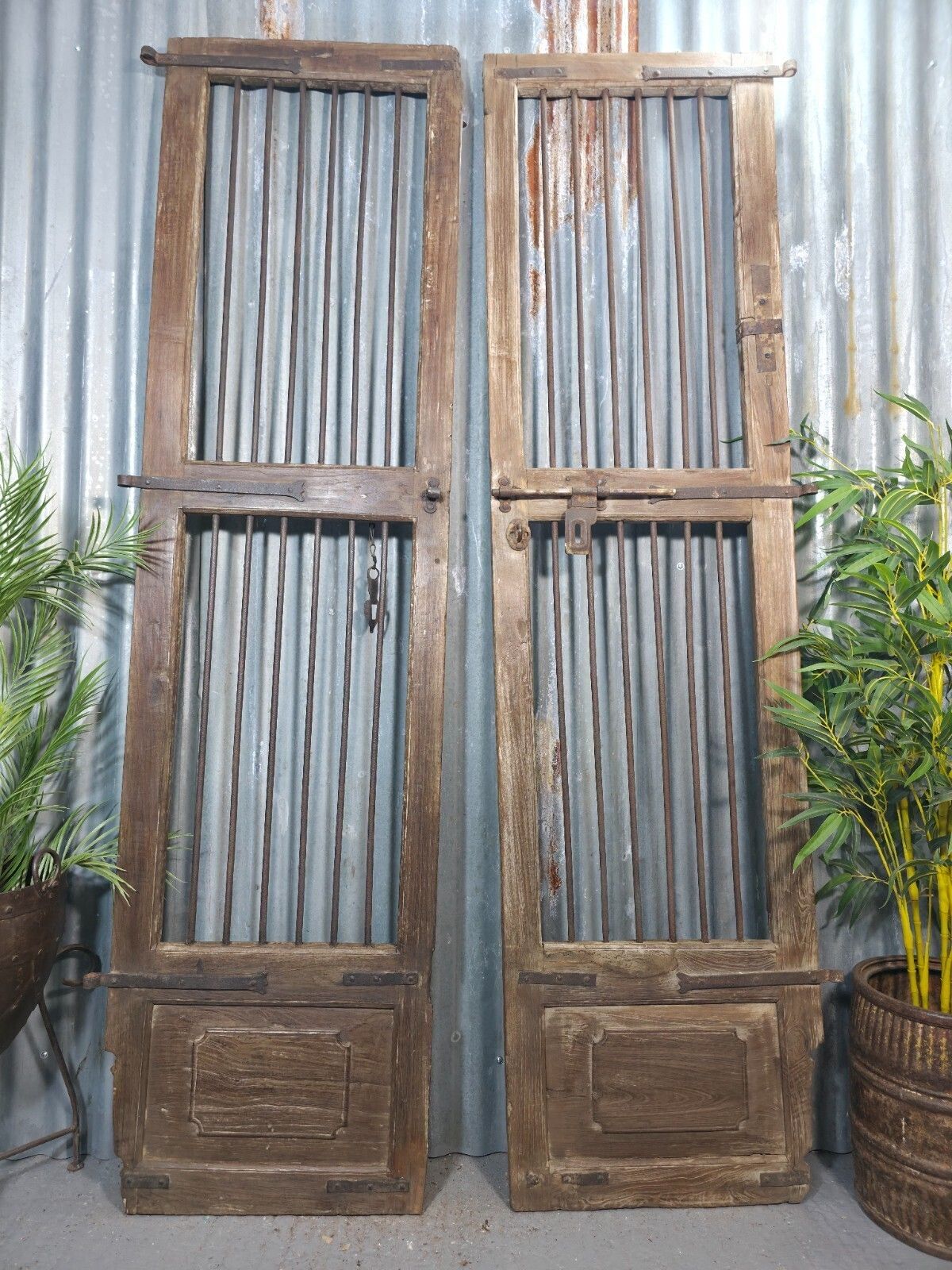 Pair Vintage Rustic Indian Wooden Iron Doors Garden Gates Room Divider Screen photo buy