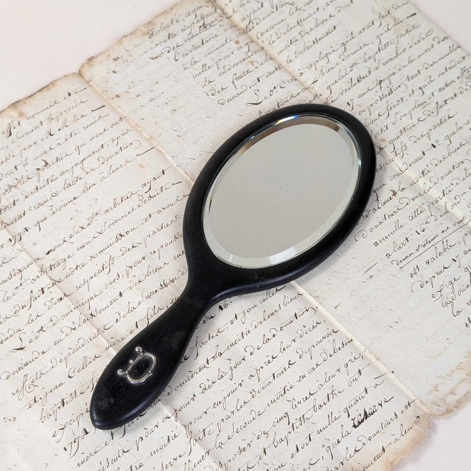Antique Ebonised Wood Hand Mirror With Silver Initial D, Late 19th Century Black Oval Victorian Beveled Glass Vanity Accessory,