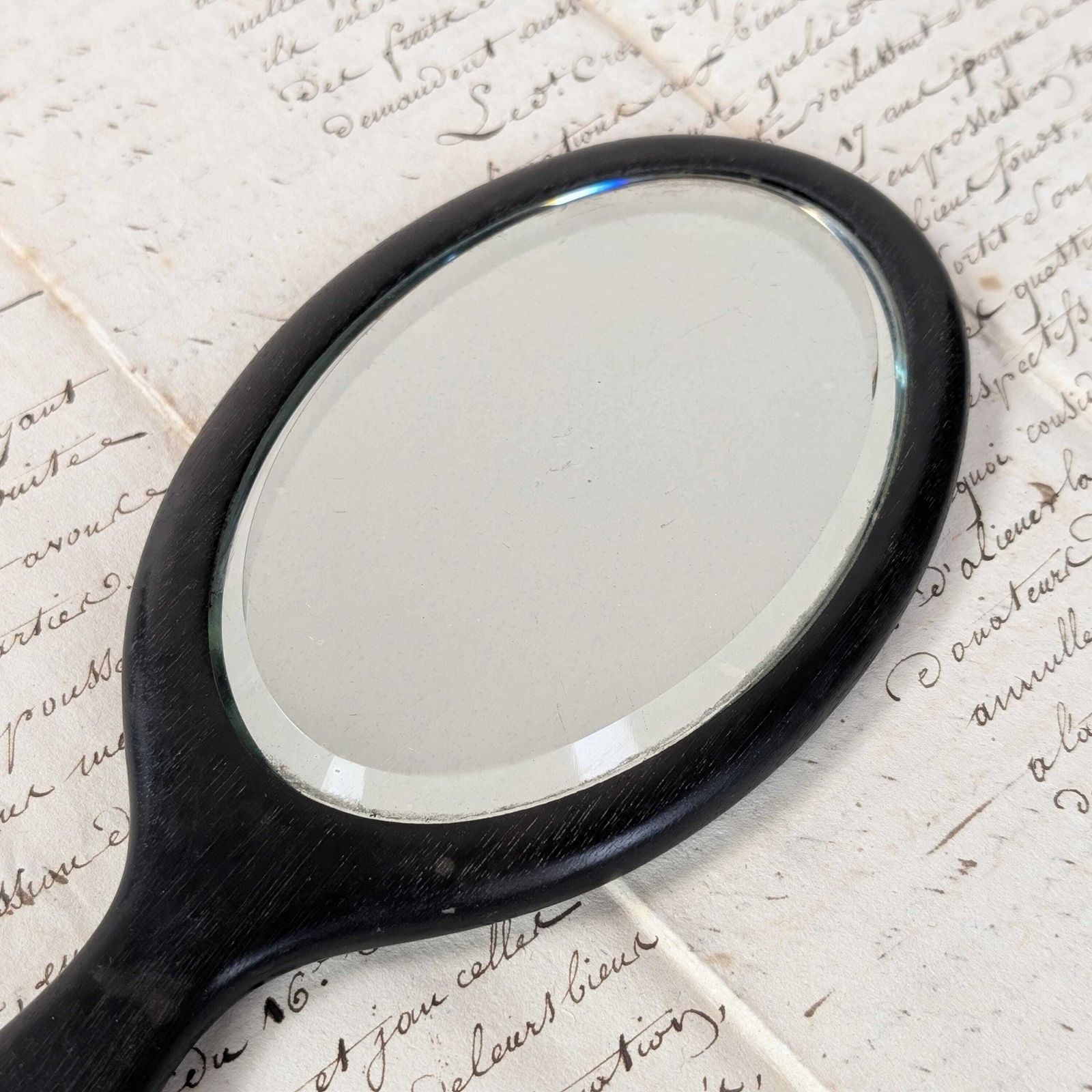 Antique Ebonised Wood Hand Mirror With Silver Initial D, Late 19th Century Black Oval Victorian Beveled Glass Vanity Accessory, photo furniture