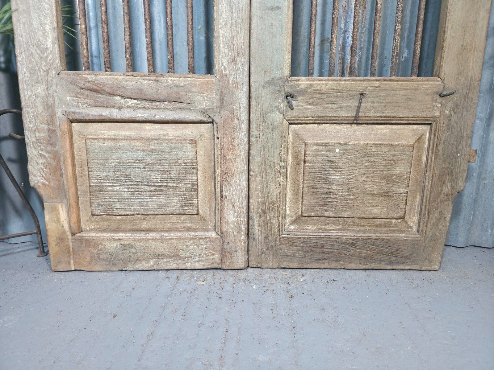 Pair Vintage Rustic Indian Wooden Iron Doors Garden Gates Room Divider Screen photo for sale