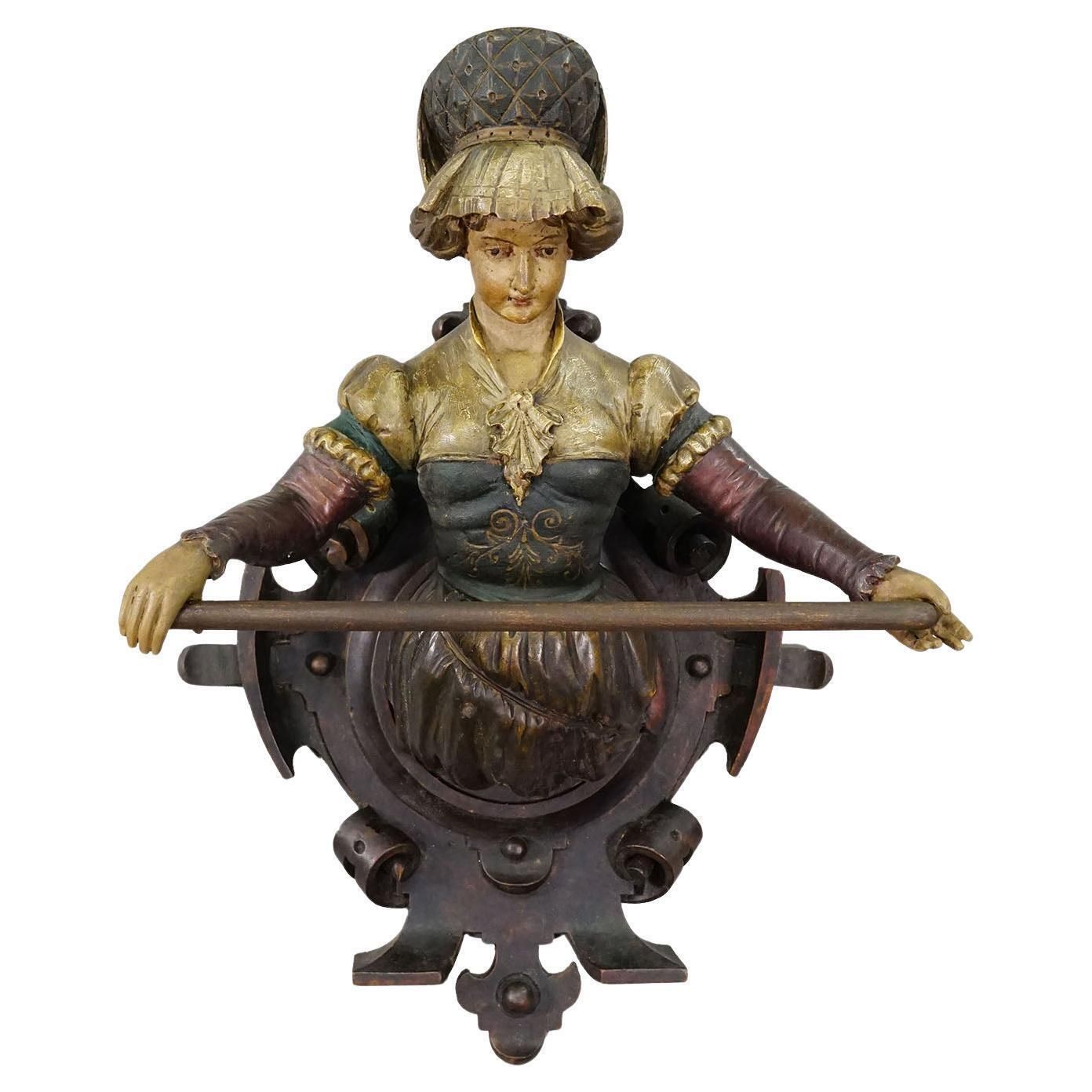 Carved Wooden Lady Towel Holder, Folk Art, Germany, Circa 1900