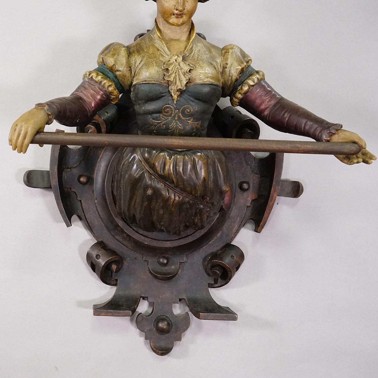 Carved Wooden Lady Towel Holder, Folk Art, Germany, Circa 1900 photo vintage