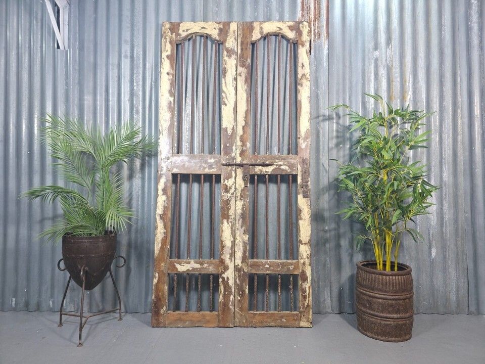 Pair Vintage Rustic Indian Wooden Iron Doors Garden Gates Room Divider Screen