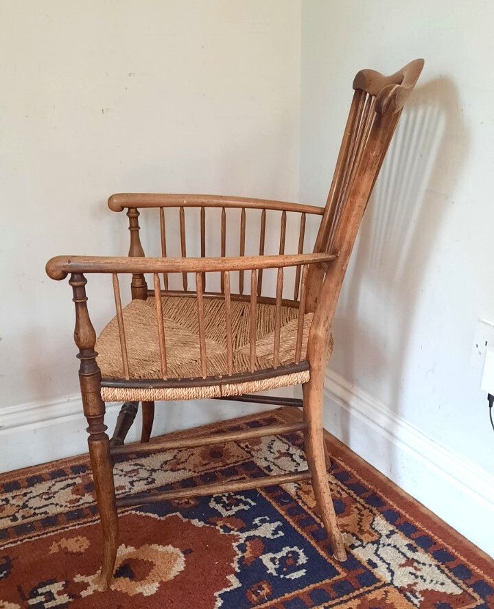 8th Or 19th Century Antique Spindle Back Rush Seat Elbow Chair Arts And Crafts photo Furniture