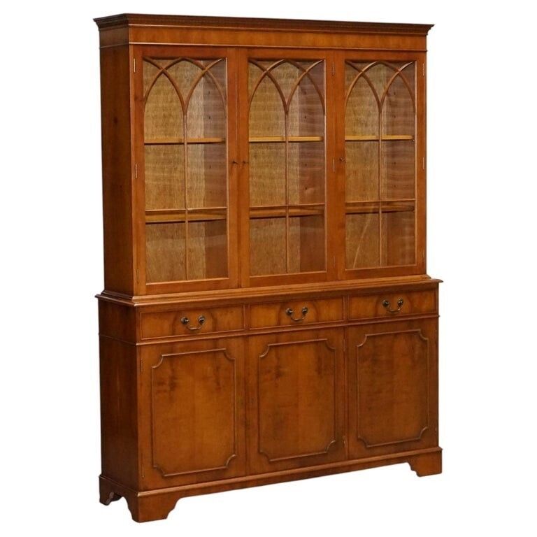 Vintage English Burr Yew Wood 3 Door Glazed Display Bookcase Cabinet