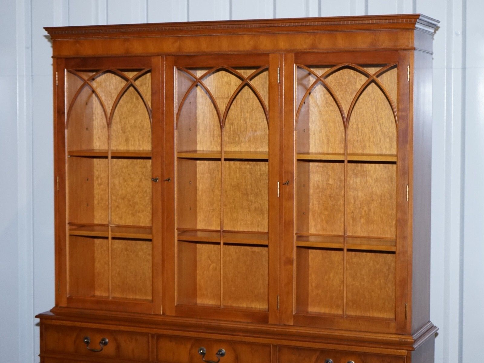Vintage English Burr Yew Wood 3 Door Glazed Display Bookcase Cabinet photo for sale