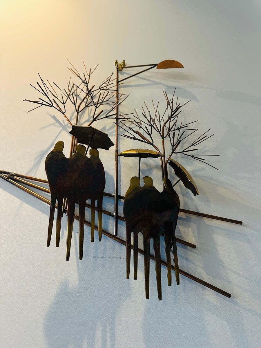 photo vintage 1970s Brutalist "Rainy Day" By R. Richèse Brass & Copper 3 D Wall Hanging Art
