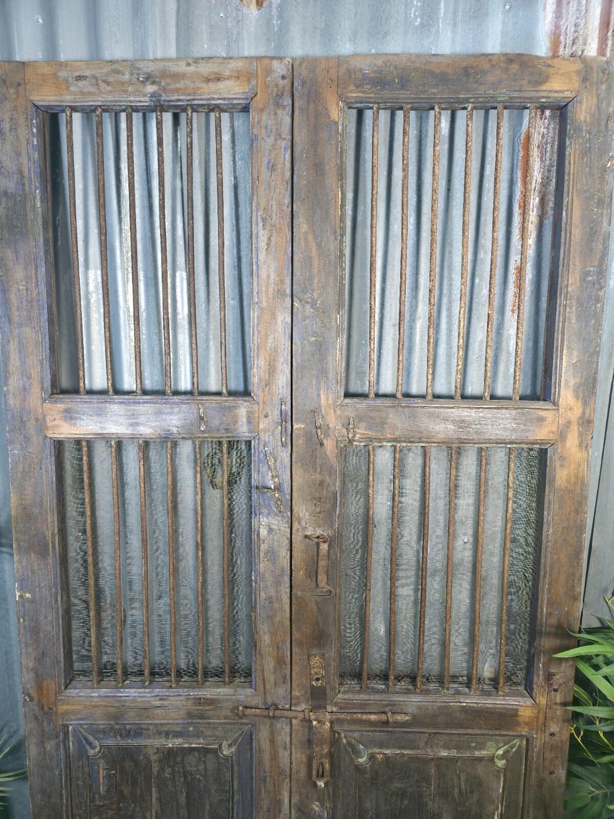 Pair Vintage Rustic Indian Wooden Iron Doors Garden Gates Room Divider Screen photo 245.0