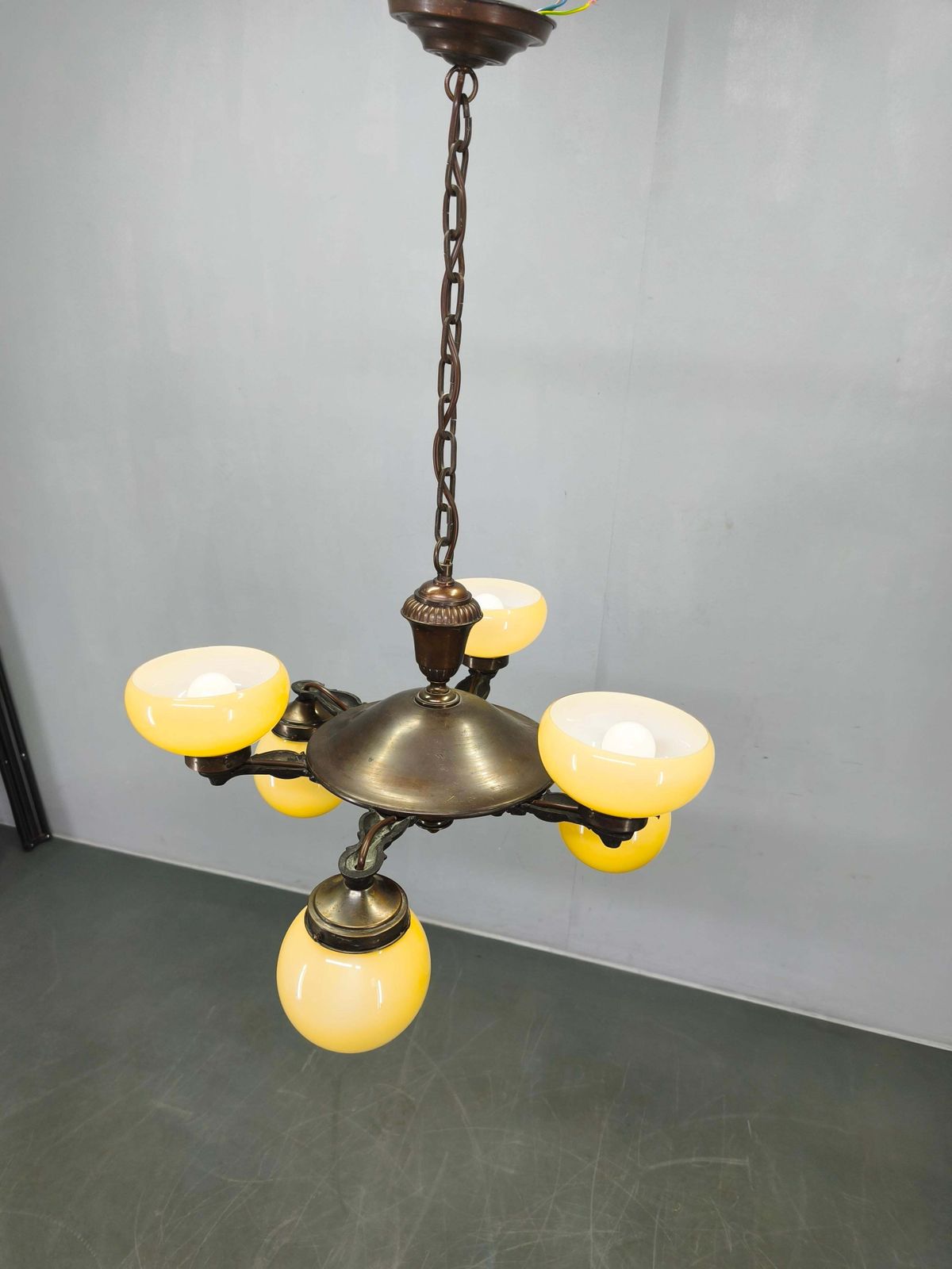 Art Deco Czech Brass Chandelier With Cream Glass, 1920s photo furniture