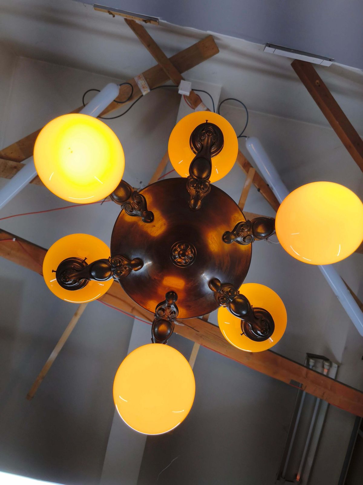 Art Deco Czech Brass Chandelier With Cream Glass, 1920s photo vinterior
