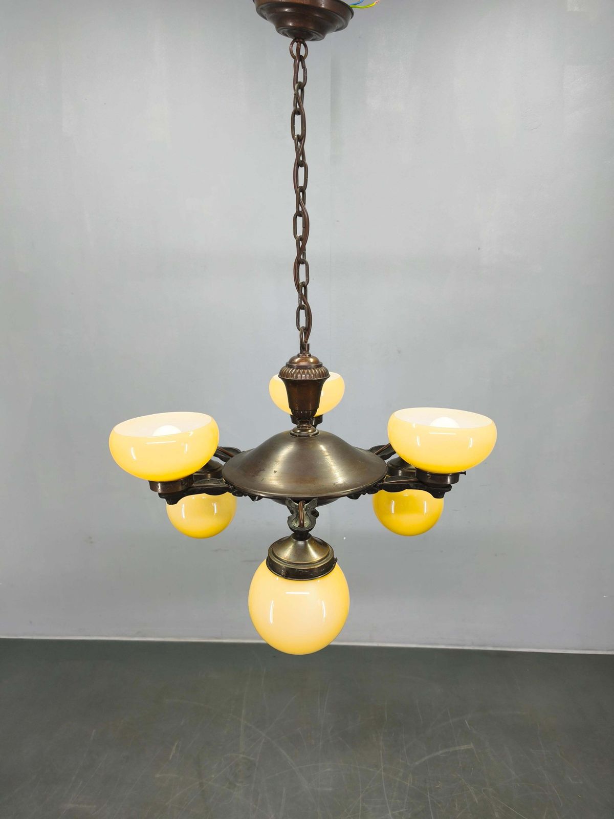 Lighting Art Deco Czech Brass Chandelier With Cream Glass, 1920s photo