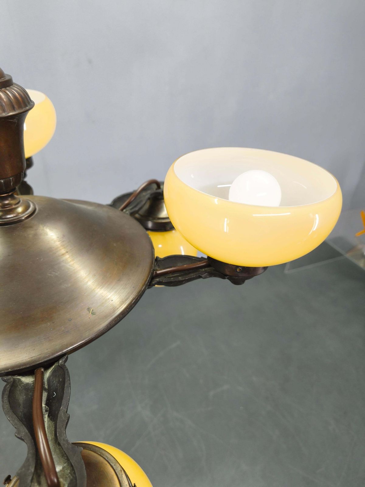 1126.0 Art Deco Czech Brass Chandelier With Cream Glass, 1920s photo
