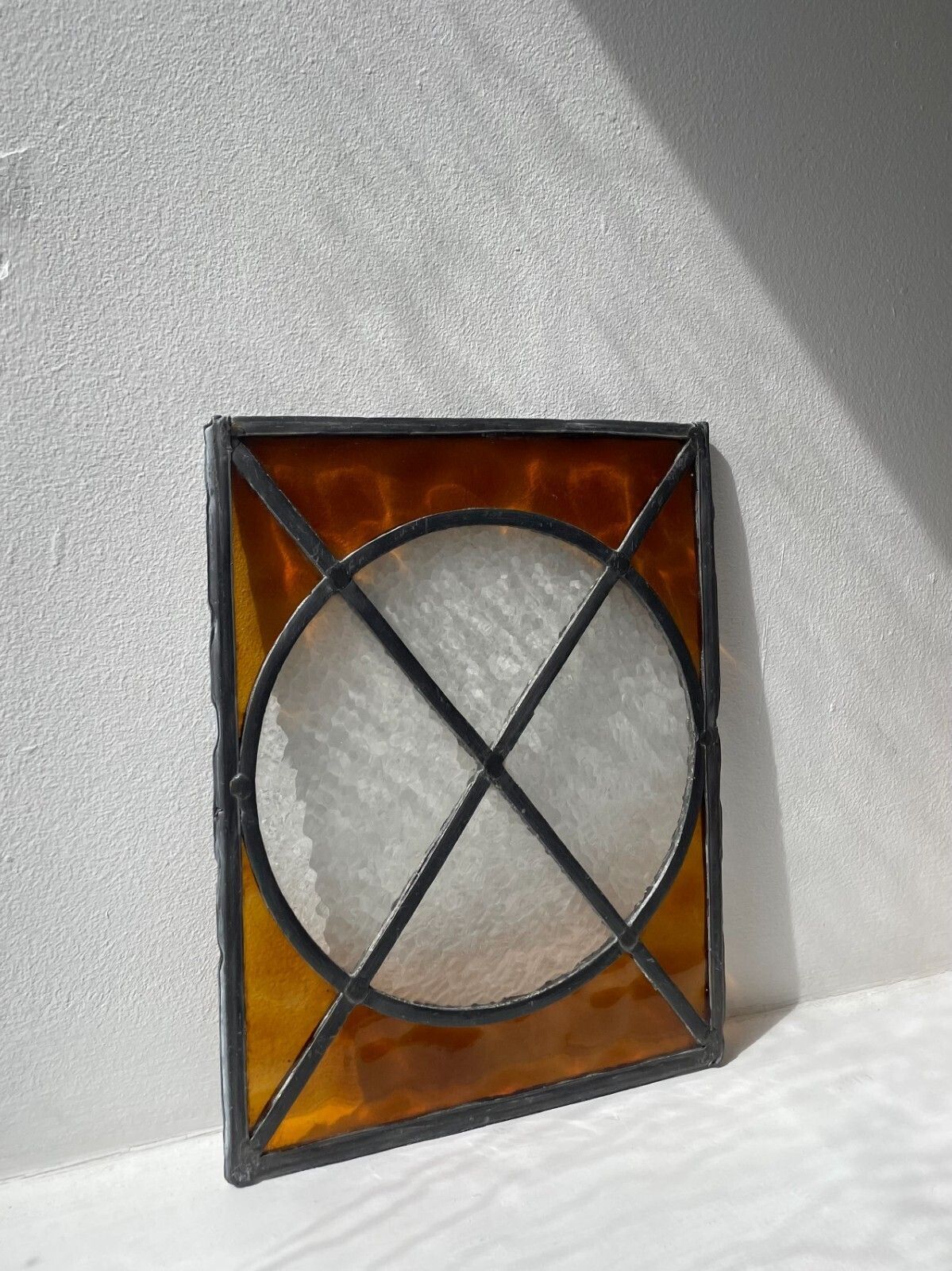 Vintage Circa 1930s Geometric Leaded Light Amber Stained Glass Window Panel photo for sale