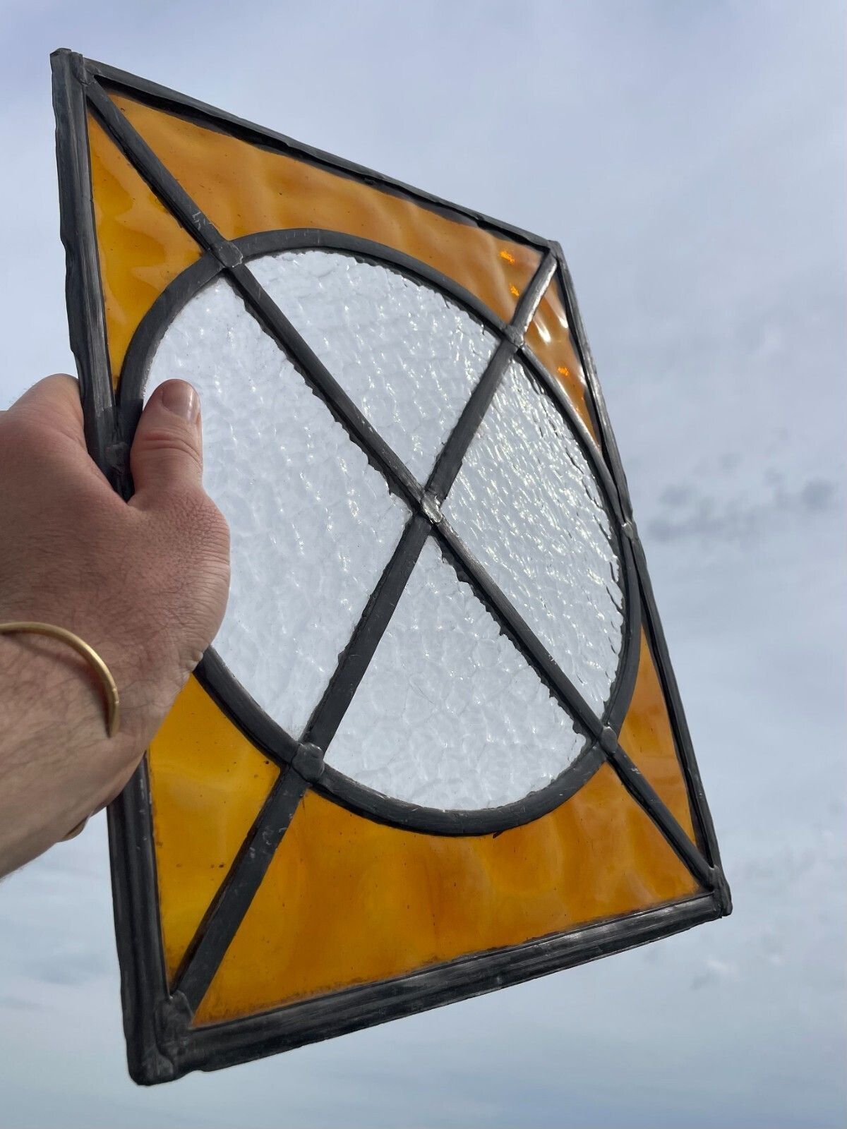 photo buy Vintage Circa 1930s Geometric Leaded Light Amber Stained Glass Window Panel