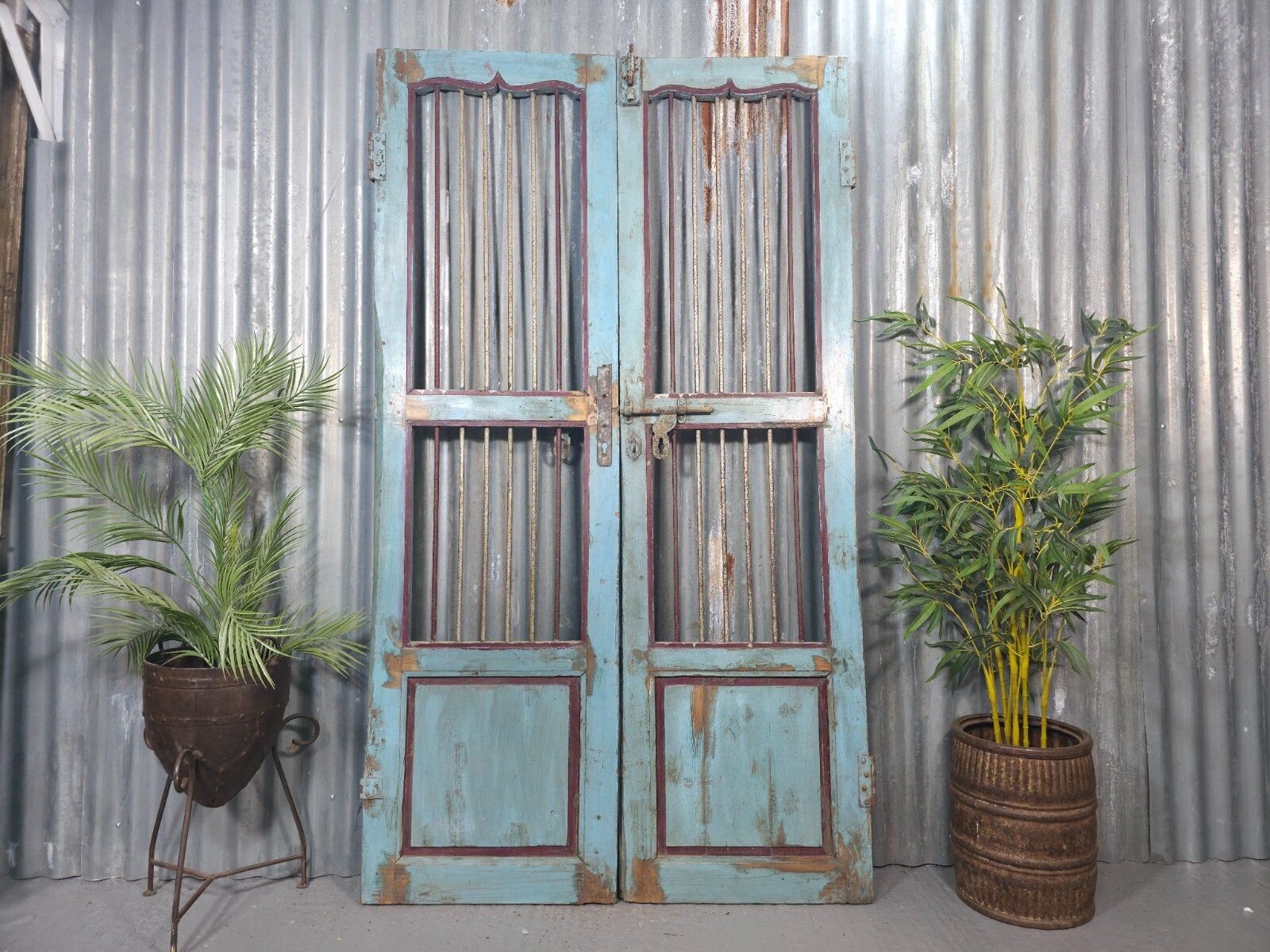 Pair Vintage Rustic Indian Wooden Iron Doors Garden Gates Room Divider Screen