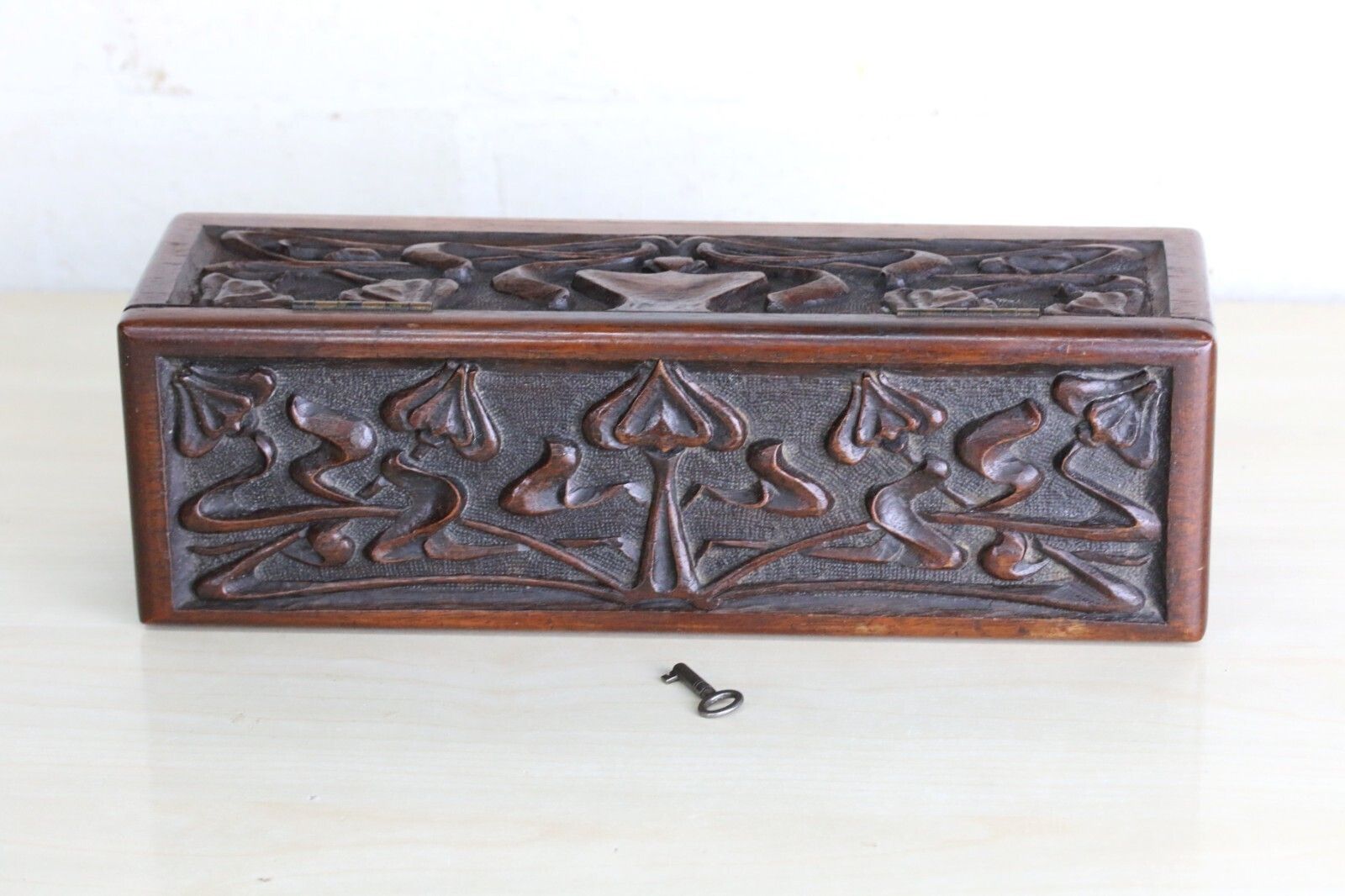 Antique Art Nouveau Carved Box Mahogany Hinged + Lock Iconic Design Original Key photo 140.0