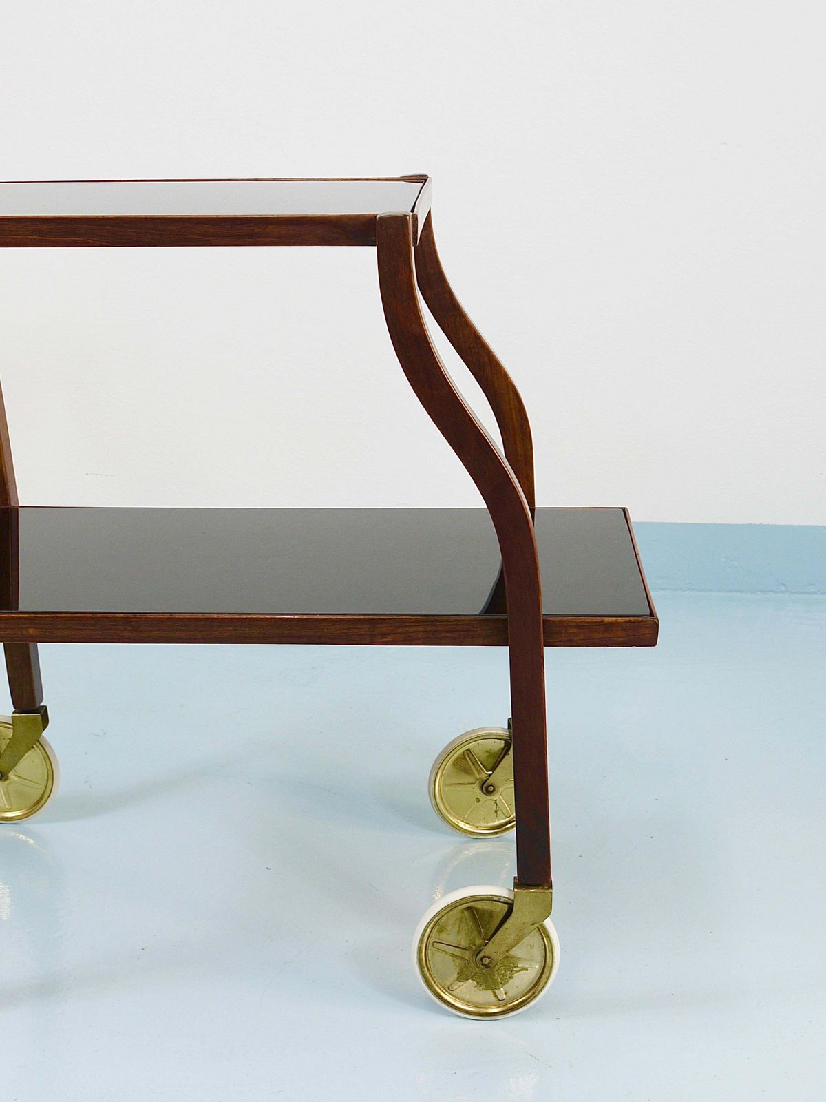 Oswald Haerdtl Curved Walnut & Glass Bar Cart, Serving Trolley, 1950s photo buy