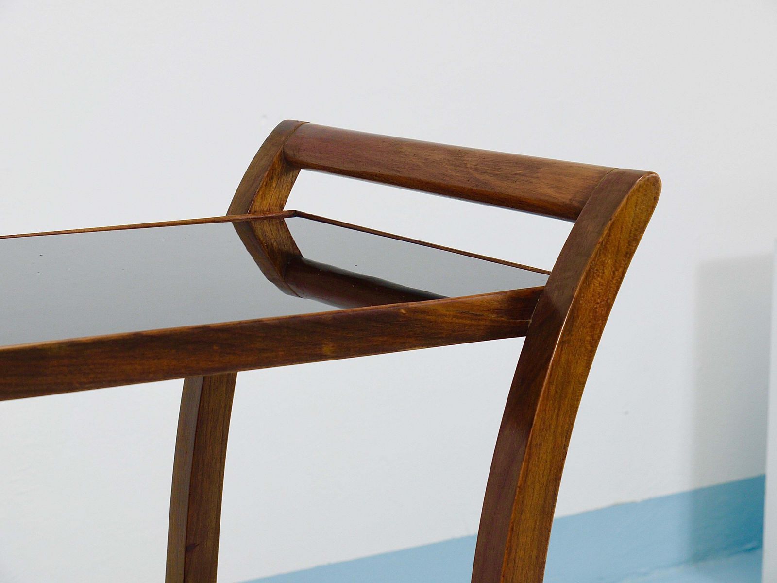 photo furniture Oswald Haerdtl Curved Walnut & Glass Bar Cart, Serving Trolley, 1950s