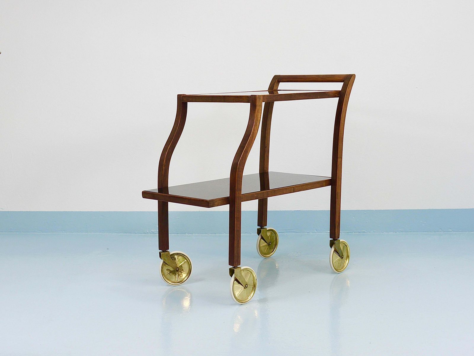 4935.0 Oswald Haerdtl Curved Walnut & Glass Bar Cart, Serving Trolley, 1950s photo
